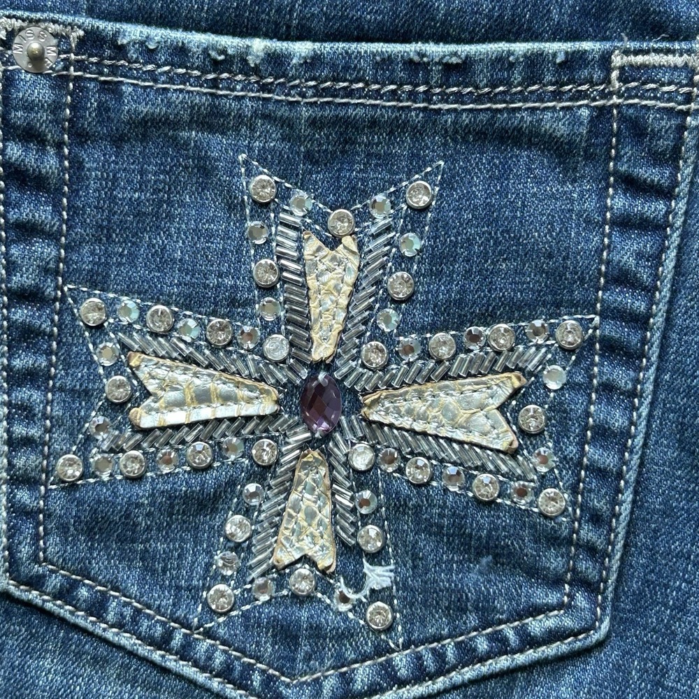 Miss Me JP4695 Med Wash Low Rise Y2K Cross Rimestone Bootcut Women Denim Jean 27 - Picture 8 of 16
